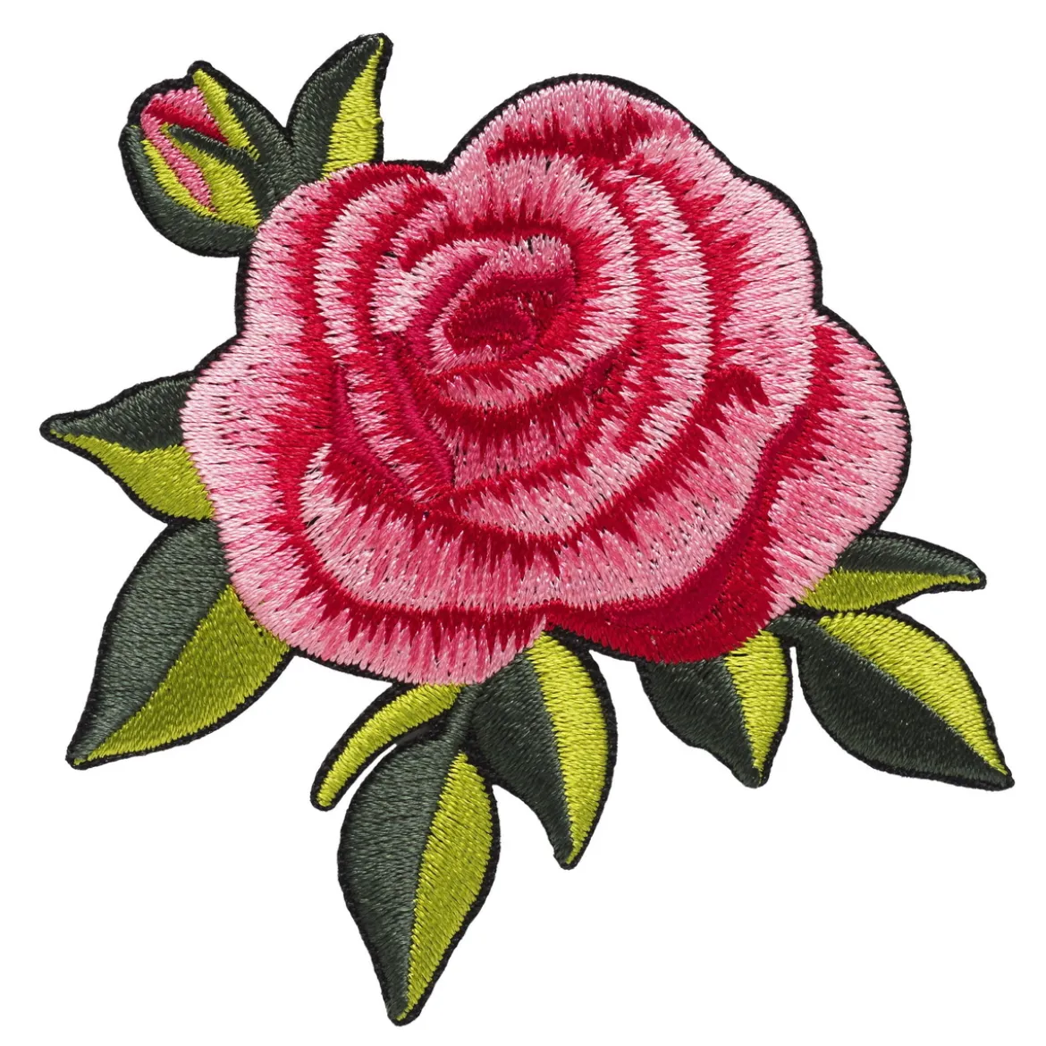 Iron-on tygmärke stor och glänsande rosa ros med gröna blad, 70×75 mm