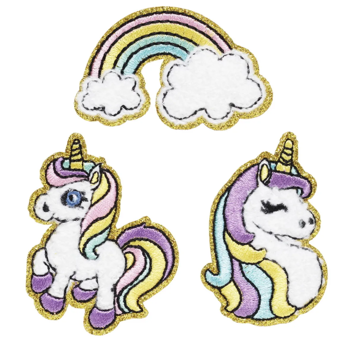 Iron-on tygmärke unicorns 3 st. 2 toksöta enhörningar & 1 regnbåge med guldglitter, 35–50 × 30–50 mm