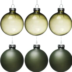 Julgranskulor, 6 st. fina gröna julkulor av glas Ø6 cm – 3 matta & 3 blanka