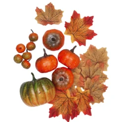Kit med pumpor och höstlöv att dekorera halloween och halloween-fest