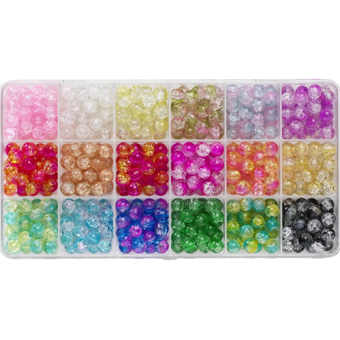 Krackelerade glaspärlor, crackle beads, ca 450 st. i 18 fina färger, Ø8 mm
