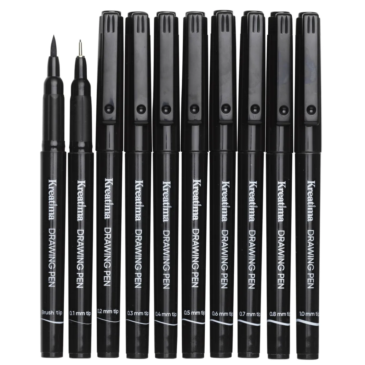 Kreatima Fineliners – 10-pack tuschpennor i 10 storlekar 0,1–0,8, 1,0 mm + penselspets