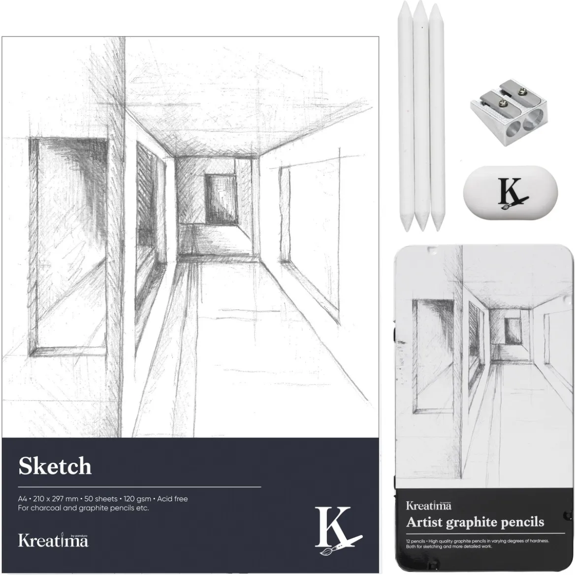 Kreatima skiss-set, allt du behöver för att skissa – block, pennor och tillbehör