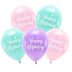 Latexballonger 5-pack Ø26 cm – rosa tema med texten Happy Birthday