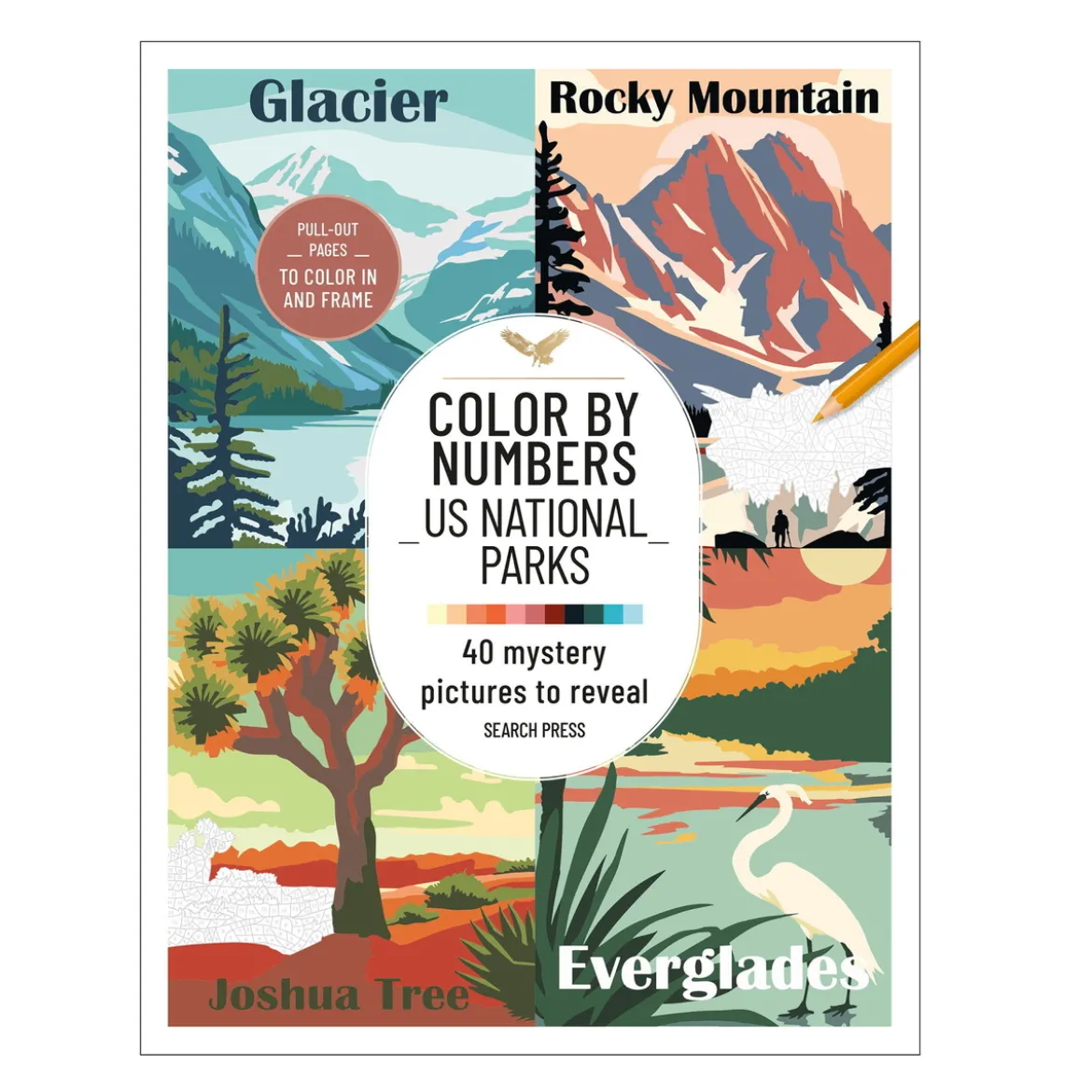Målarbok Color by Numbers US National Parks, 40 motiv, 21,6×28 cm