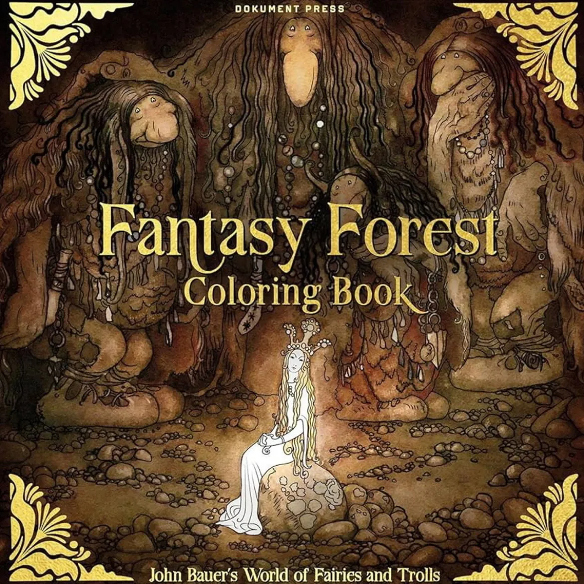 Målarbok Fantasy Forest Fairies & Troll, färglägg John Bauers värld! 25×25 cm, 40 sidor
