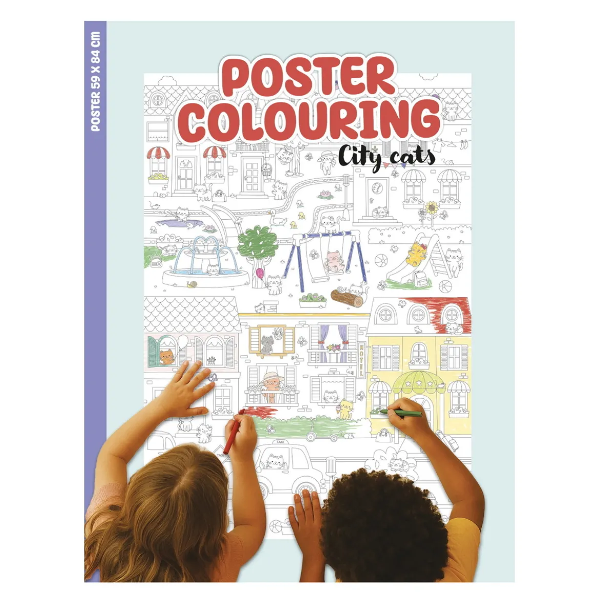 Målarbok Mega-poster Katterna i staden! A4-bok som blir en 59×84 cm stor plansch