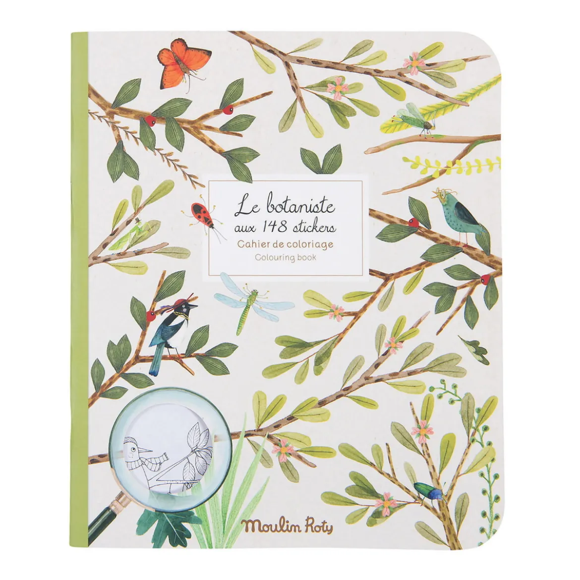Målarbok Moulin Roty, 20 sidor med botaniska motiv + 148 stickers, 24×28 cm