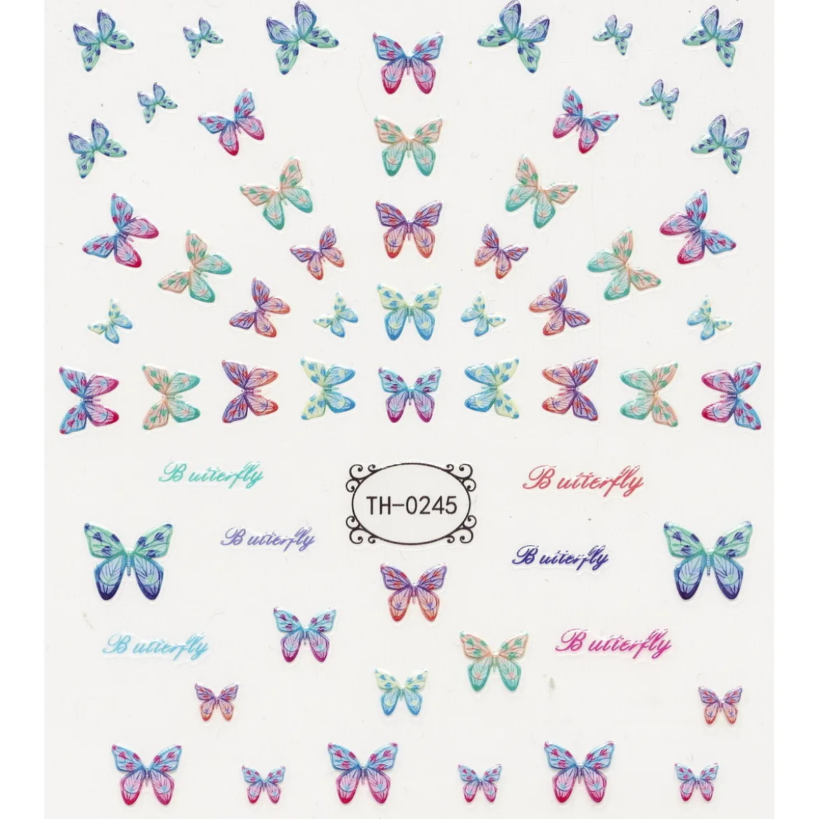 Nagelstickers pastellfärgade fjärilar & "butterfly". 1 ark à 8,5×10 cm