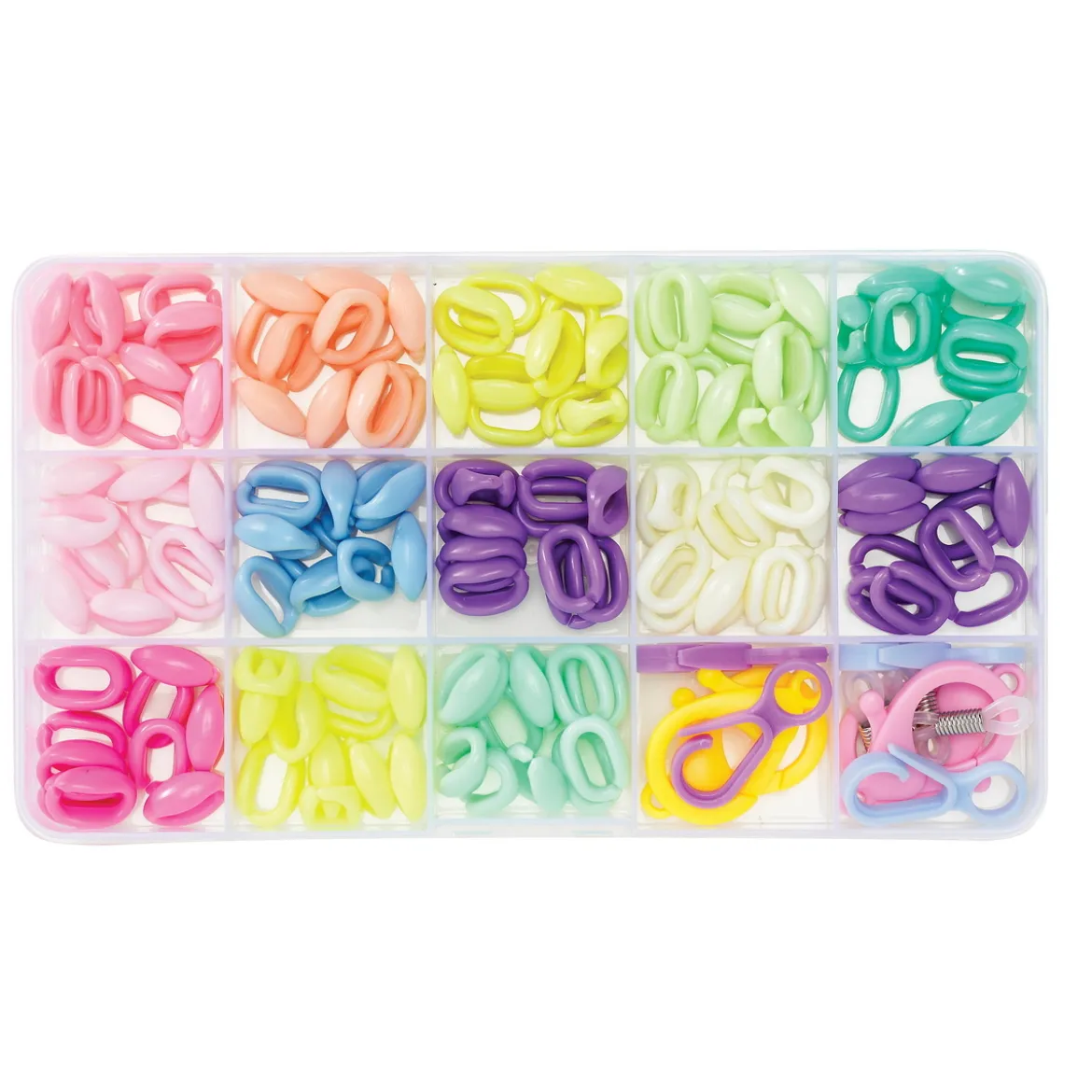 140 pastellfärgade kedjelänkar à 15×11 mm + olika smyckeslås