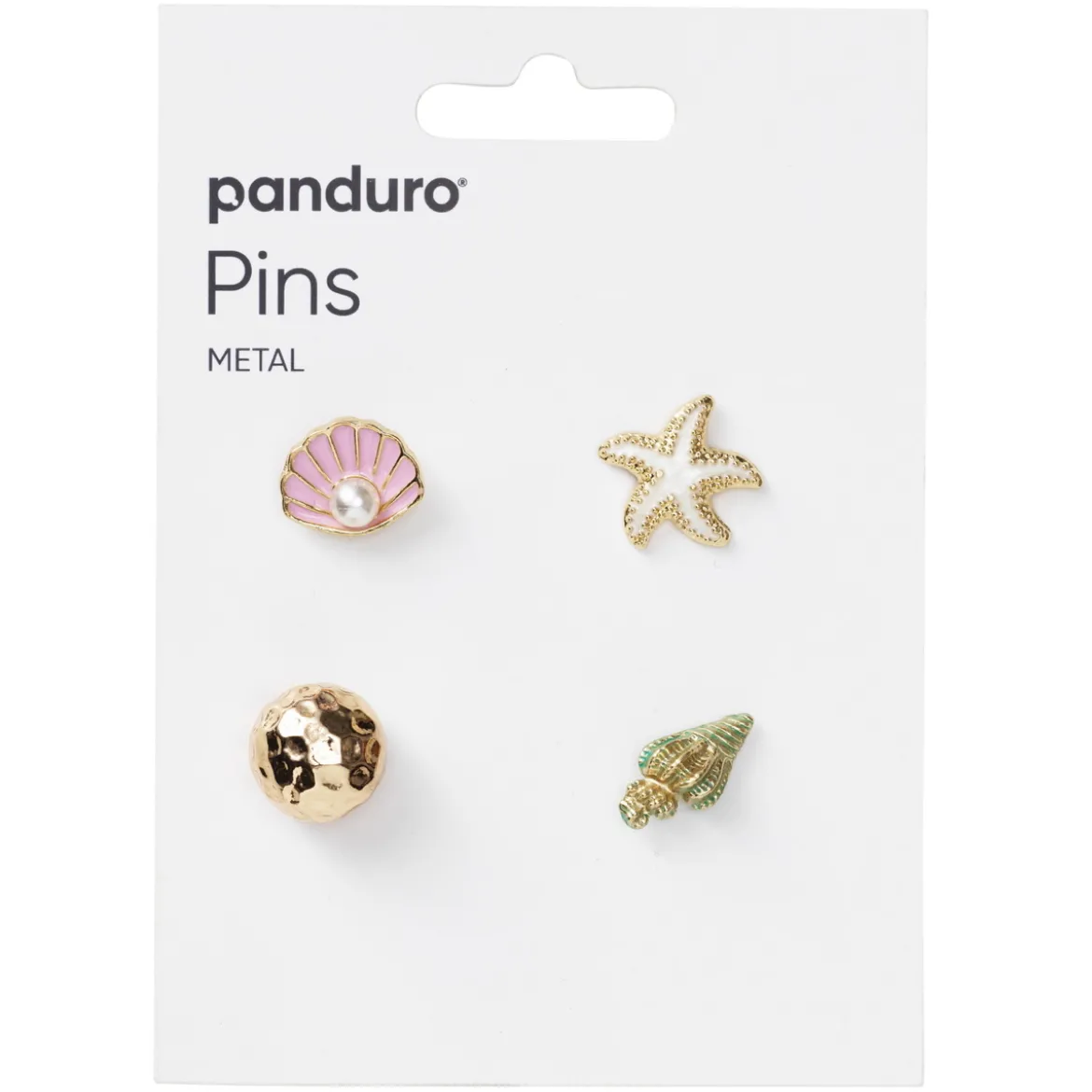 Pins, badges, 4 st. guldiga & rosa små mini-broscher med känsla från havet