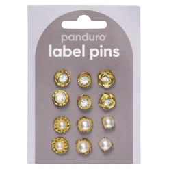 Pins, badges, 12 st. härligt guldiga & gnistrande små mini-broscher Ø10-12 mm