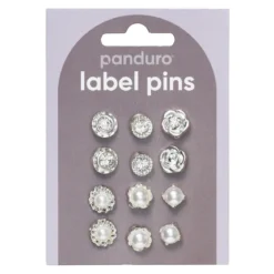 Pins, badges, 12 st. härligt silvriga & gnistrande små mini-broscher Ø10-12 mm