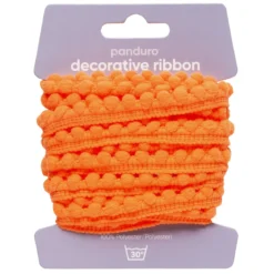 Pompom-band dekorband neonorange, 4 m långt och 10 mm brett