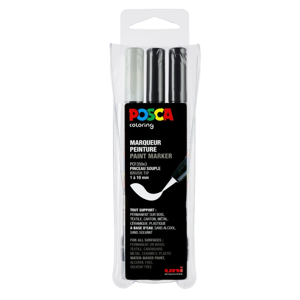 Posca Brush PC-350 3-pack – svart / svart / vit