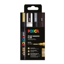 Posca PC-5M 4-pack – silver / guld / svart / vit (1,8-2,5 mm)