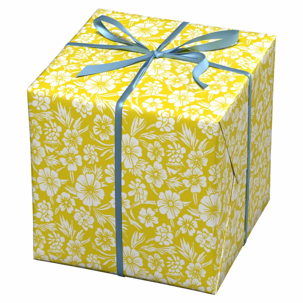 Presentpapper på rulle 10 m × 57 cm – gult papper med vita blomstermotiv