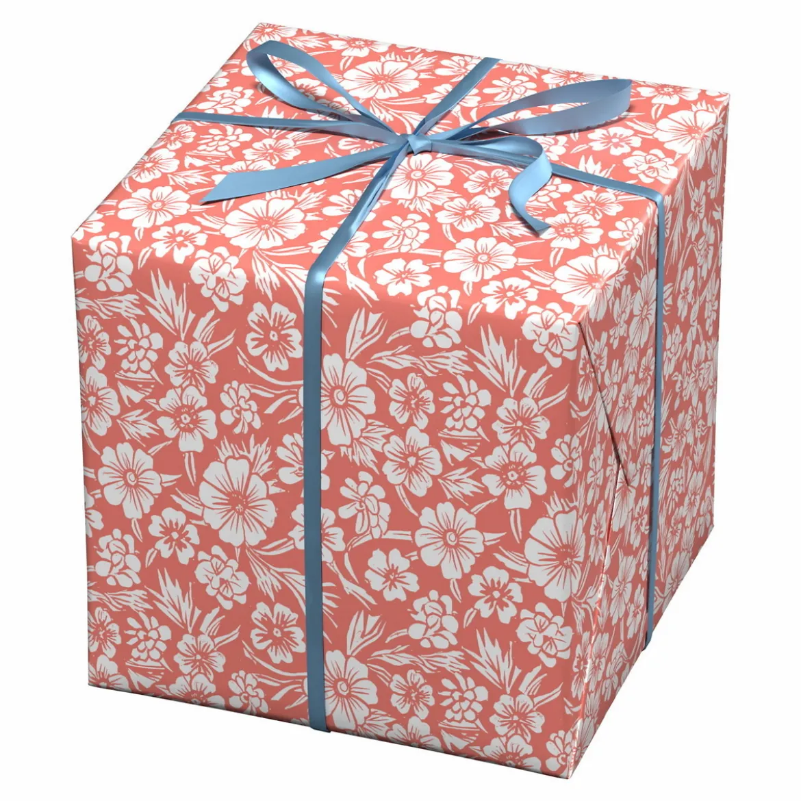Presentpapper på rulle 10 m × 57 cm – korallrosa med vita blomstermotiv