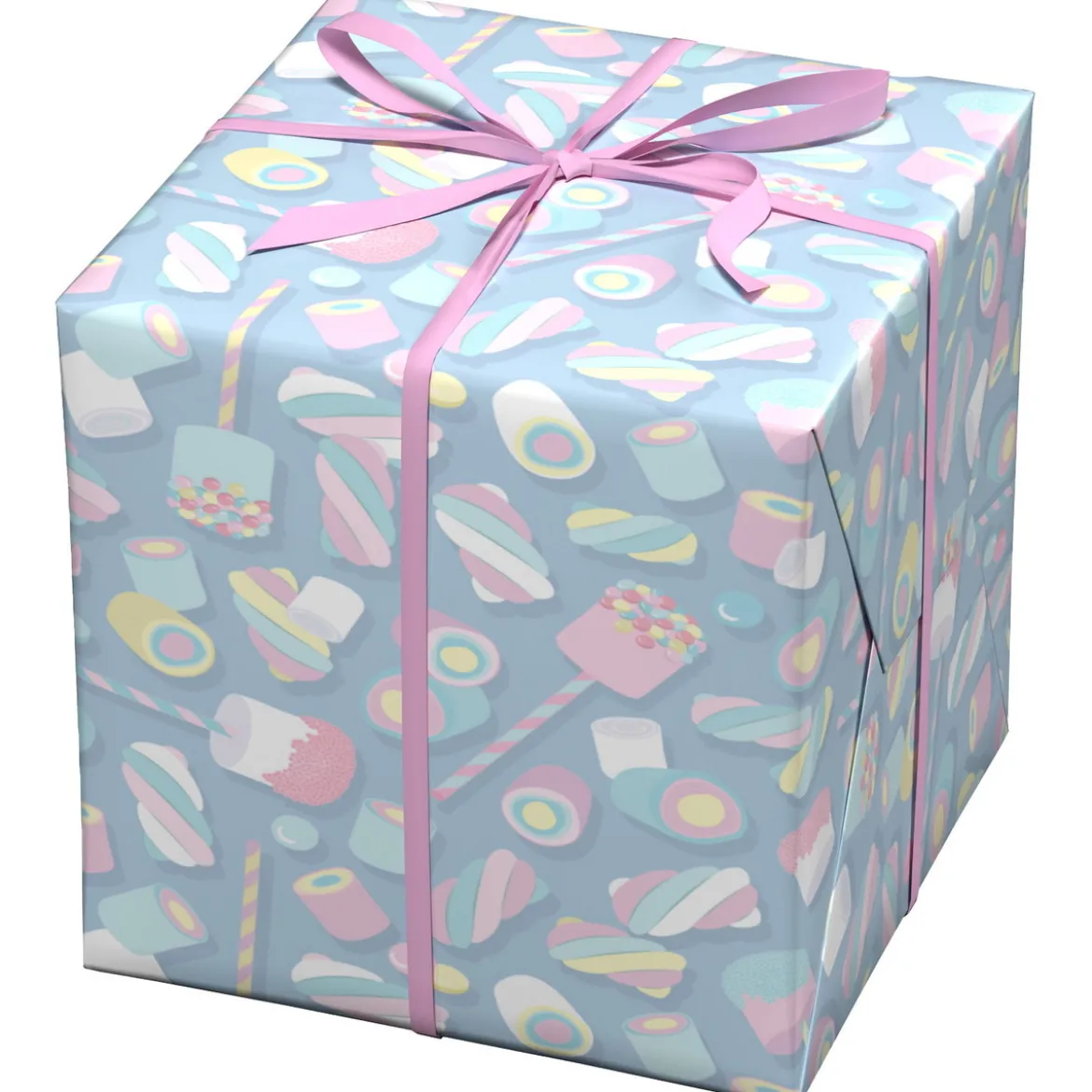 Presentpapper på rulle 10 m × 57 cm – lekfullt med marshmallows & skumgodis!