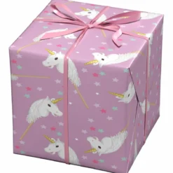 Presentpapper på rulle 10 m × 57 cm – rosa papper med käpphästar & stjärnor