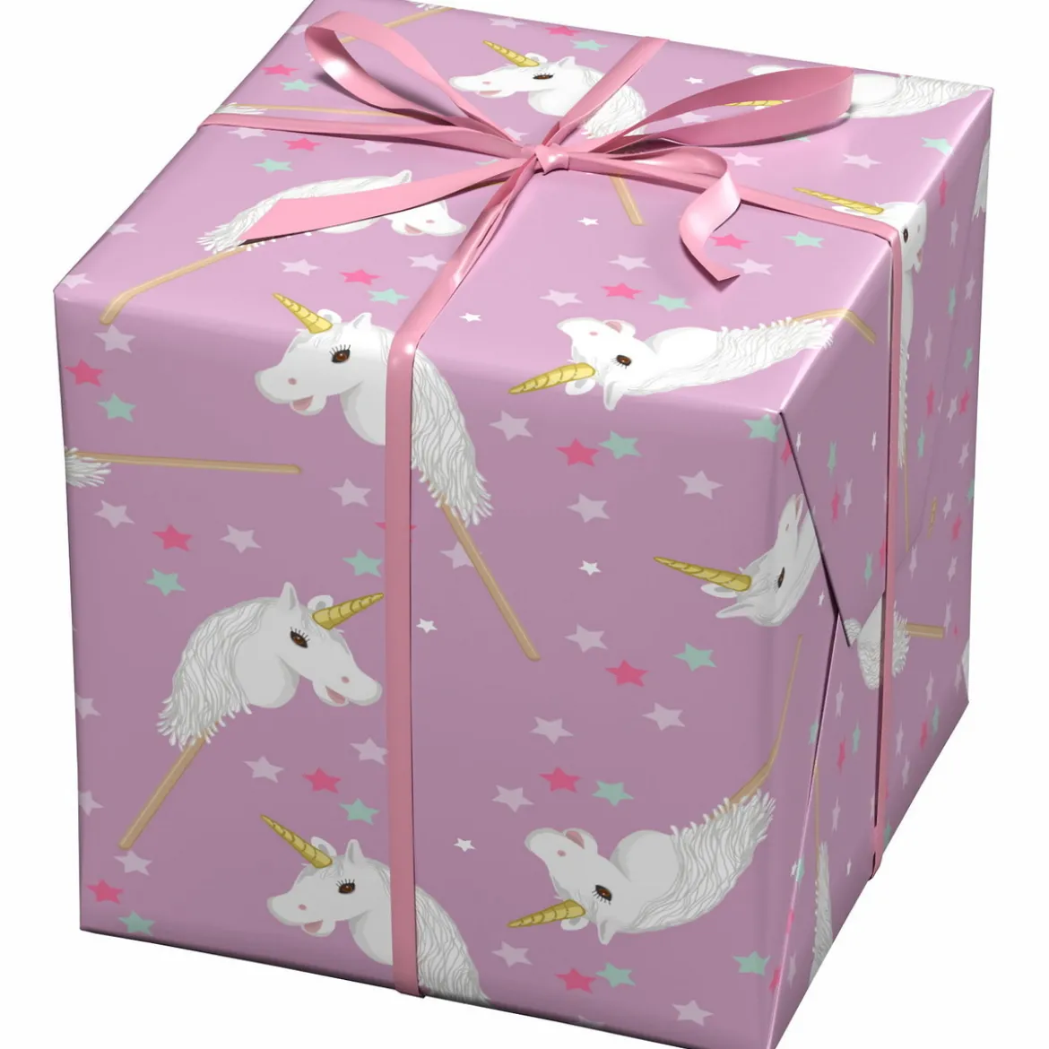 Presentpapper på rulle 10 m × 57 cm – rosa papper med käpphästar & stjärnor