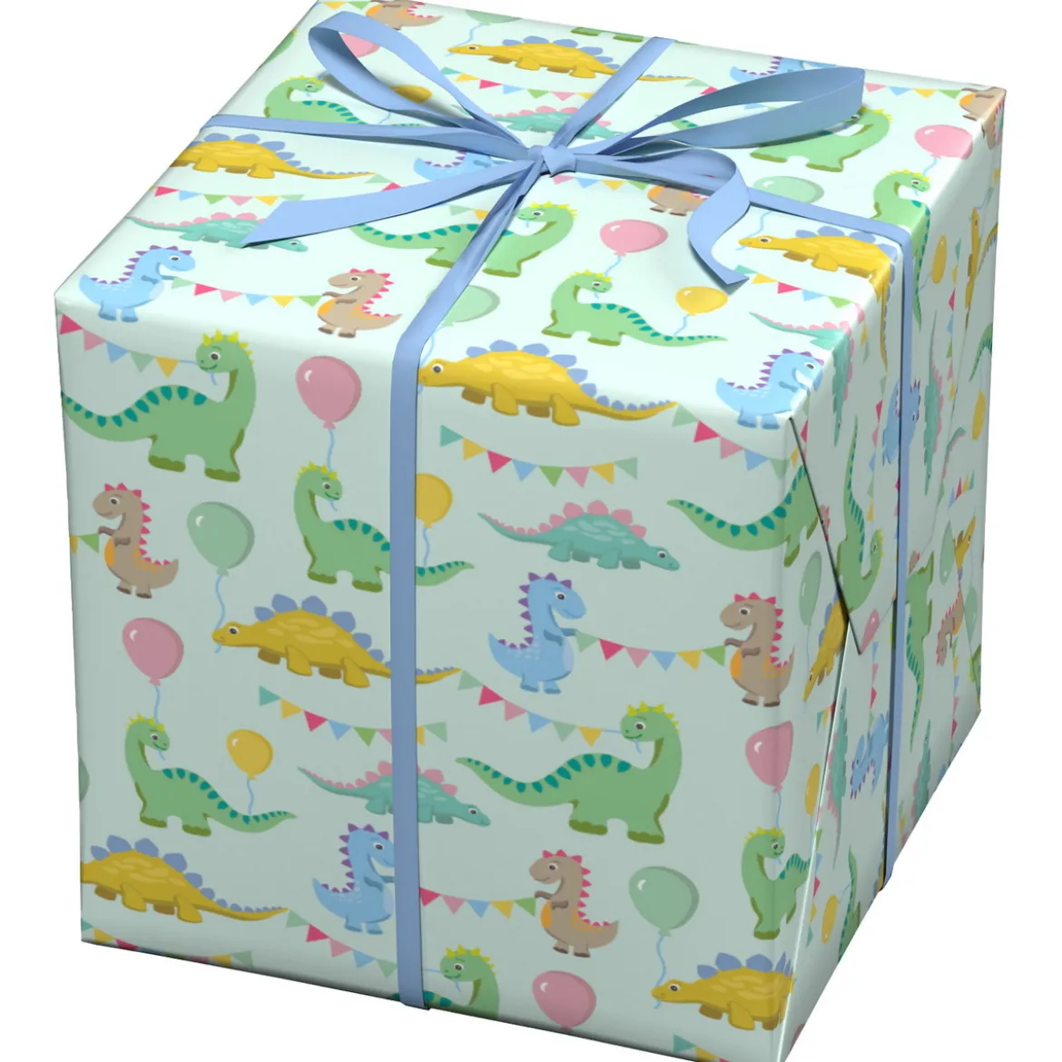 Presentpapper på rulle 10 m × 57 cm – vitt papper med massor av dinos på kalas!