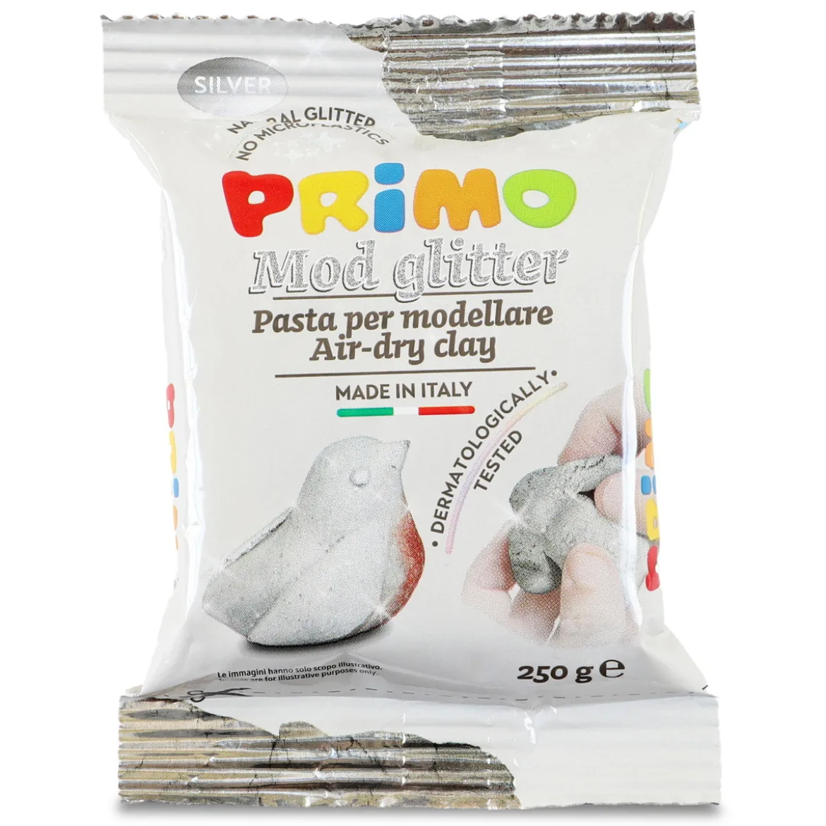 Primo lufttorkande lera med glitter, silver 250 g