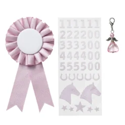 Prisrosett till käpphäst Ø7 cm & stickers i rosa tema + 1 ängel-charm