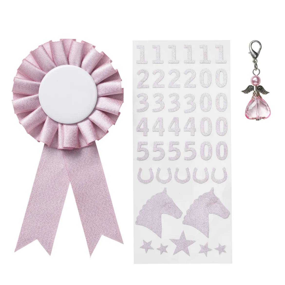 Prisrosett till käpphäst Ø7 cm & stickers i rosa tema + 1 ängel-charm