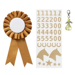 Prisrosett till käpphäst Ø7 cm & stickers i guldigt tema + 1 ängel-charm