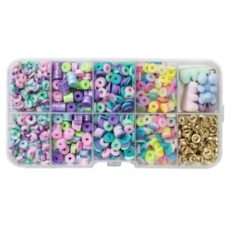 Pärlmix med pastellfärgade heishi-pärlor, 4 nalle-charms + mellandelar
