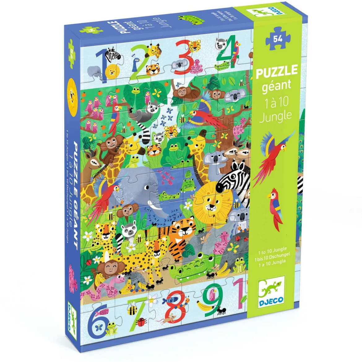 Pussel 1 to 10 Jungle, matematik + barnpussel med 54 bitar, 52×70 cm
