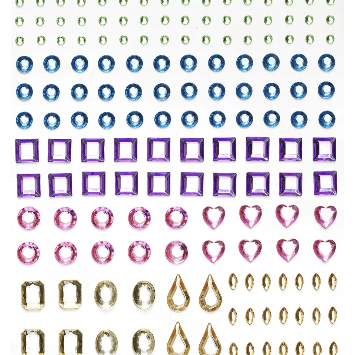 Rhinestone stickers former pastell – 304 olikformade pärlstickers. L. 2–12 mm