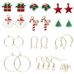 Örhängeskit med jultema – 6 par örhängen & 12 hängen / charms i rött, grönt och guld
