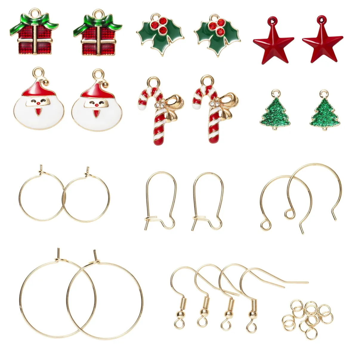 Örhängeskit med jultema – 6 par örhängen & 12 hängen / charms i rött, grönt och guld