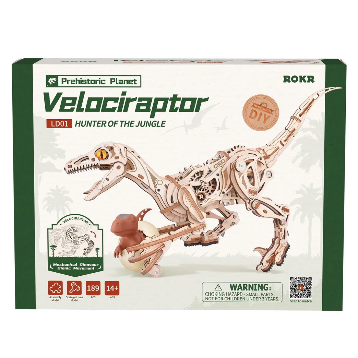 Robotime ROKR Velociraptor LD01 träpussel, dinosaurie som kan röra sig! 415×105×210 mm