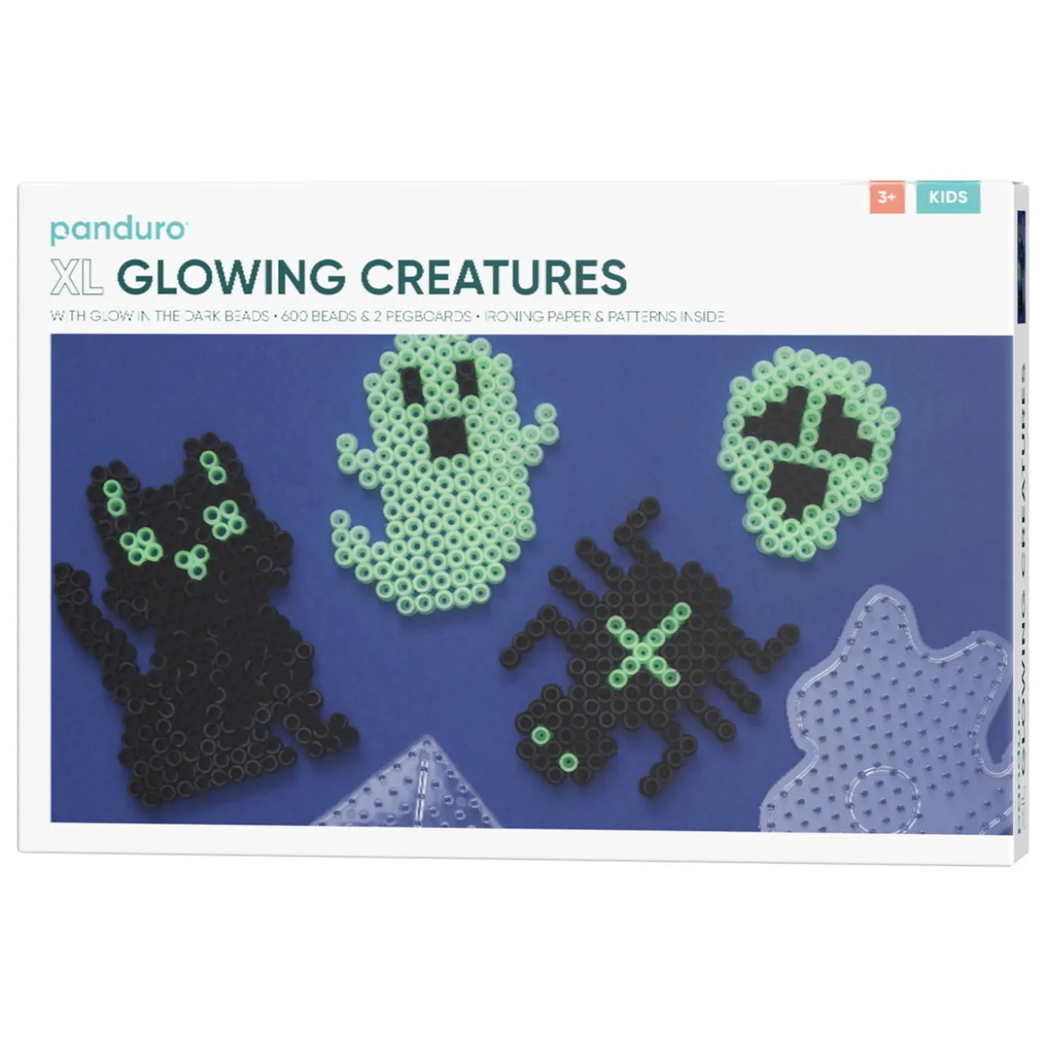 Rörpärlor XL kit Glowing Creatures – 600 svarta & självlysande XL-pärlor + 2 pärlplattor