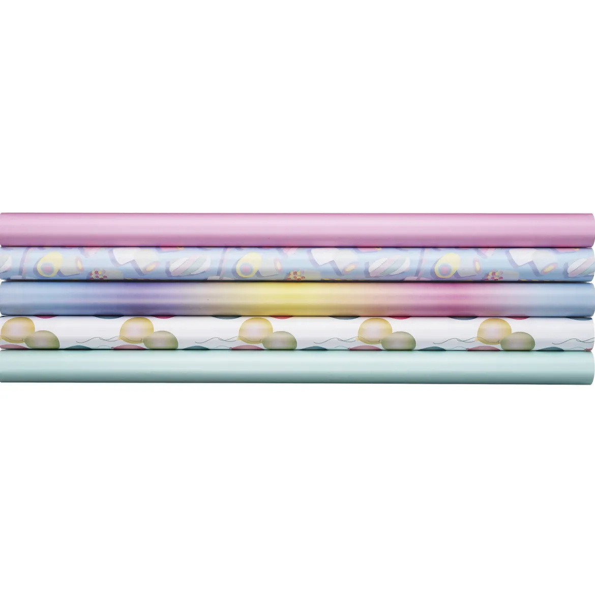 5 rullar presentpapper à 2 m × 57 cm – pastellfärger, ballonger, marshmallows!
