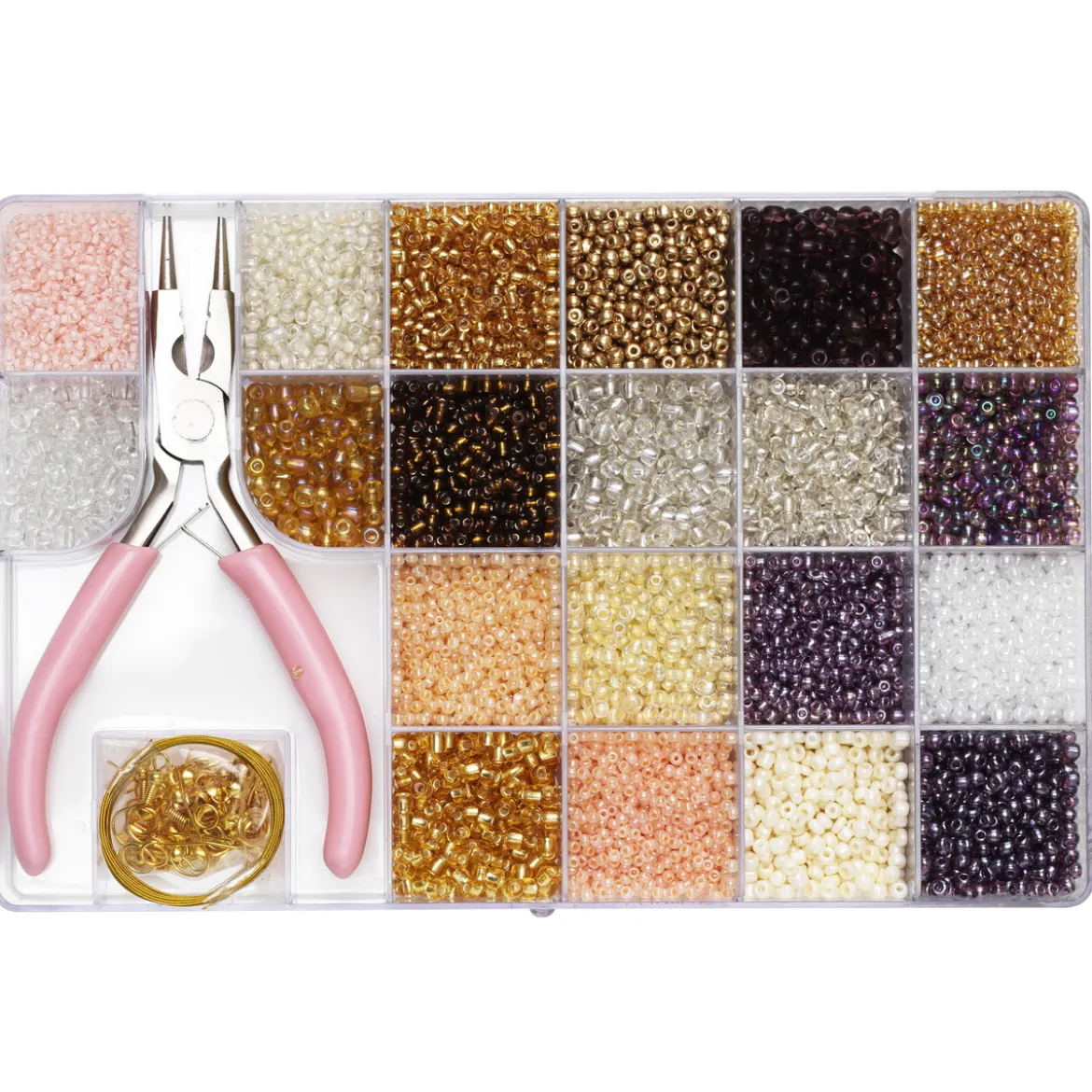 Seed bead kit – med massor av skimrande rocaillespärlor, smyckestillbehör, tråd och en rundtång