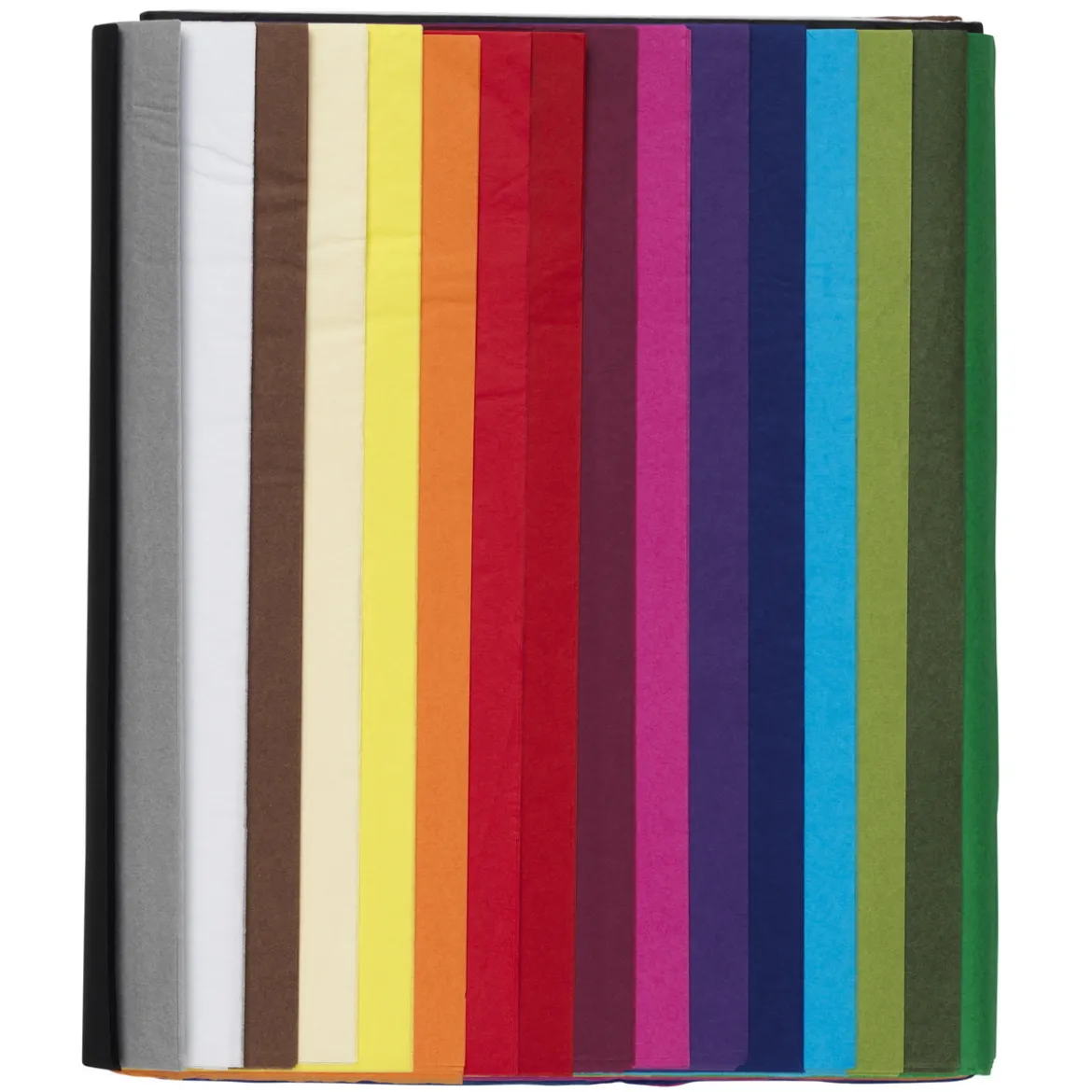 Silkespapper 68 ark à 70×50 cm, basfärger. 17 färger, 4 av var. 14 g/m²