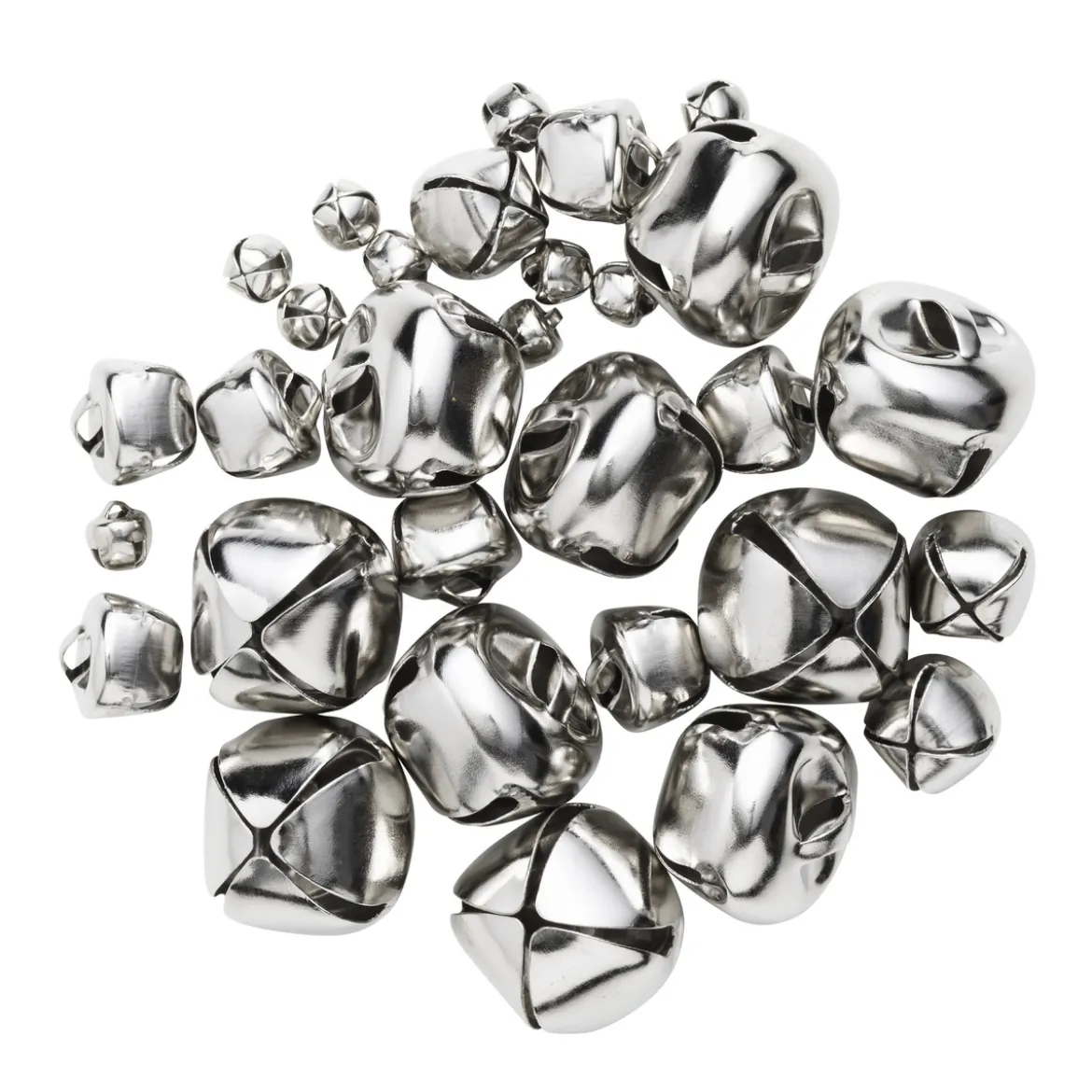 30 silverfärgade bjällror bjällerklockor i mix Ø6, 12 & 20 mm