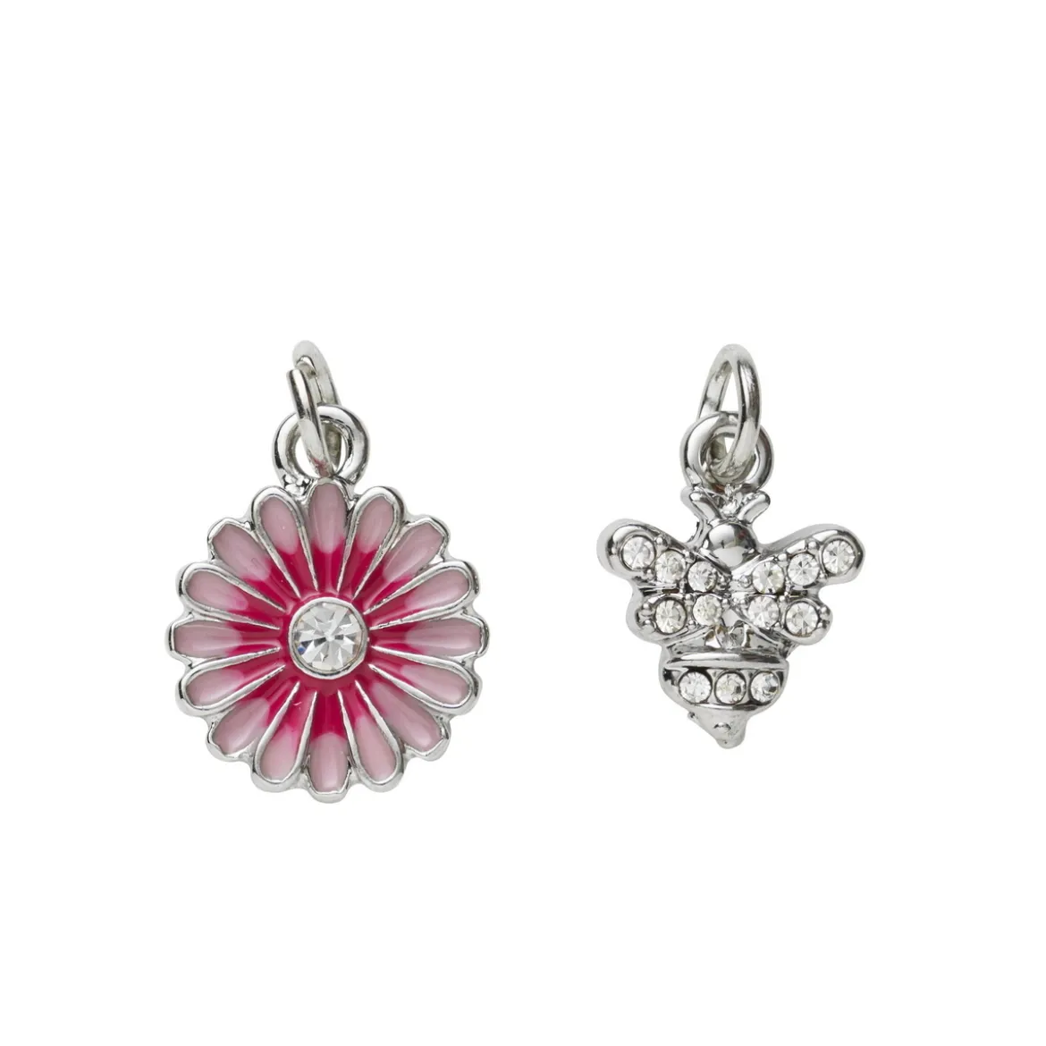 2 silverfärgade hängen charms blomma rosa blad & strass Ø13 mm, bi med strass 11×8 mm
