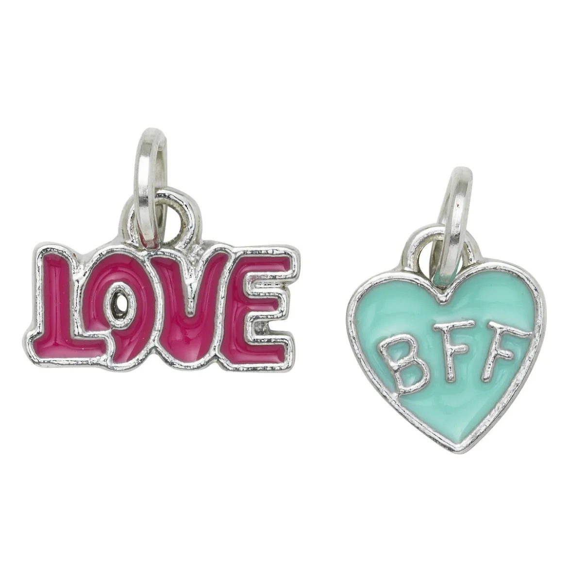 Silverfärgade hängen charms, Love 14×5 mm, BFF-hjärta 10×10 mm