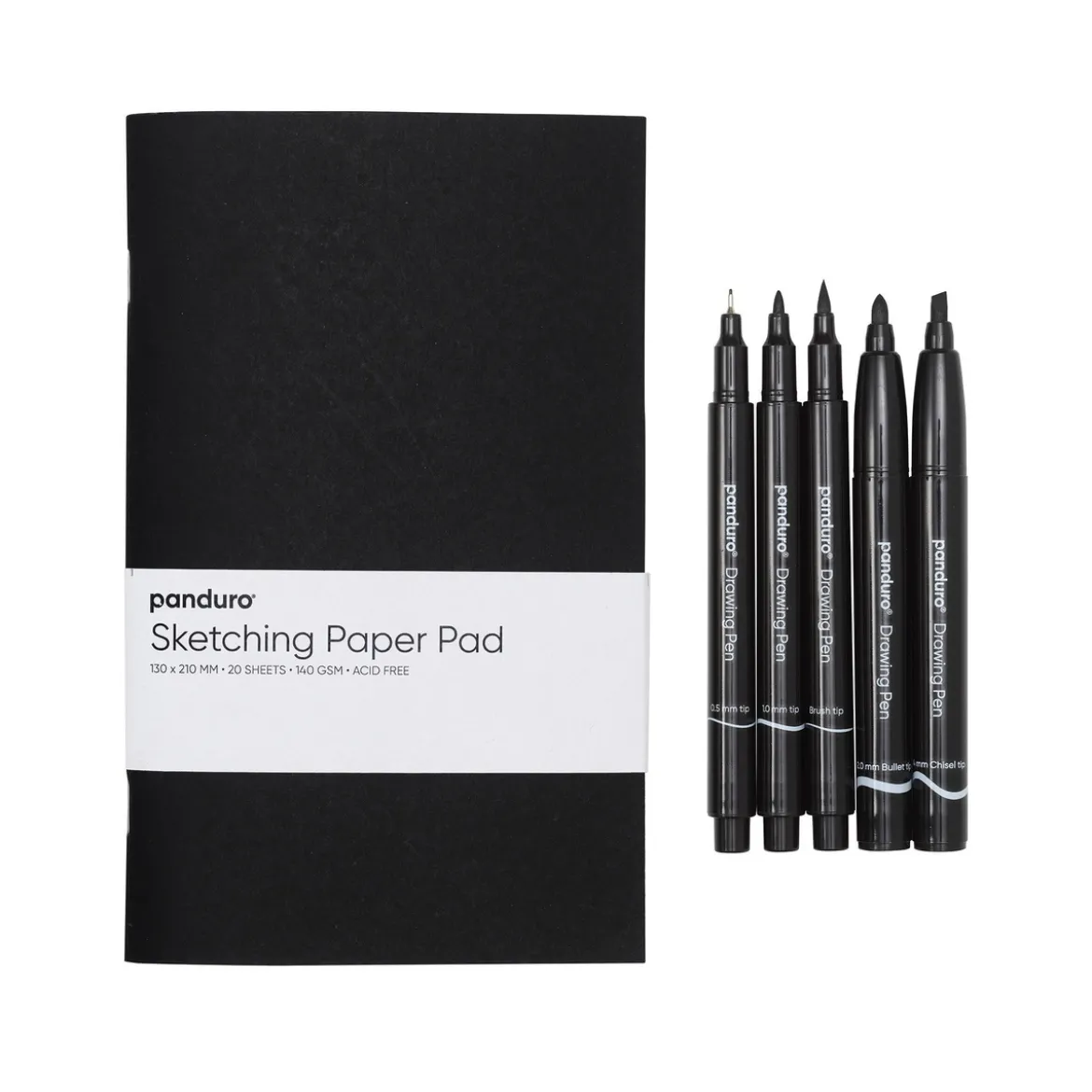 Skiss-set med allt för att skissa med tusch – 5 tuschpennor & 13×21 cm skissbok, 20 ark