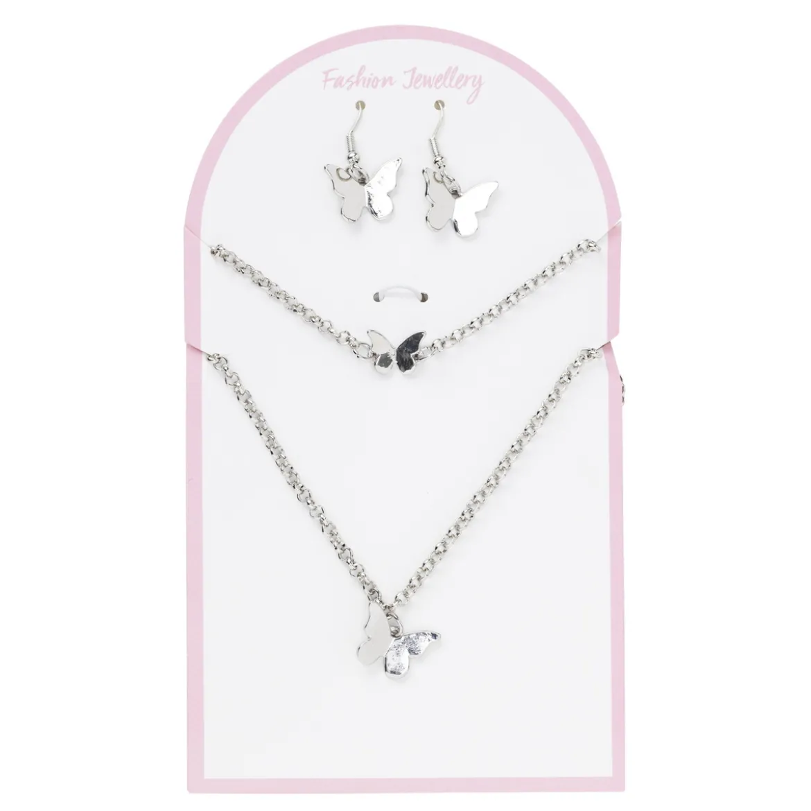 Smyckeset silvrigt fjärils-tema, örhängen, armband & halsband