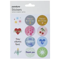 Stickers, hälsningar, tack & gratulationer, 3 ark med totalt 36 klistermärken