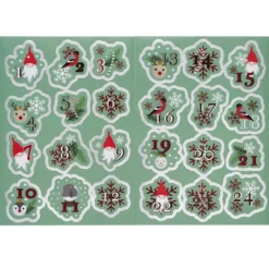 Stickers Jul, 24 klistermärken med tomtar & julstämning, siffrorna 1–24. 2 st. 15×21 cm ark