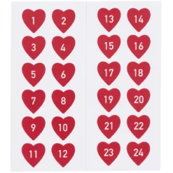 24 Stickers / klistermärken 1–24 med röda hjärtan
