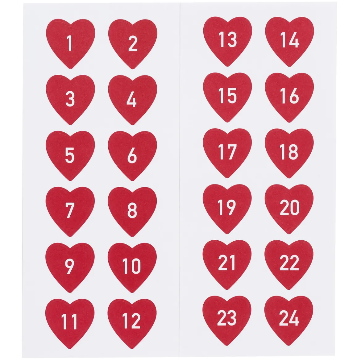 24 Stickers / klistermärken 1–24 med röda hjärtan