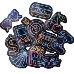 Stora stickers, svarta XL klistermärken med gnistrande neon-tema, 50 st.